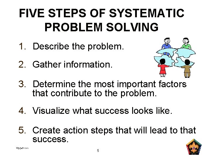 FIVE STEPS OF SYSTEMATIC PROBLEM SOLVING 1. Describe the problem. 2. Gather information. 3.