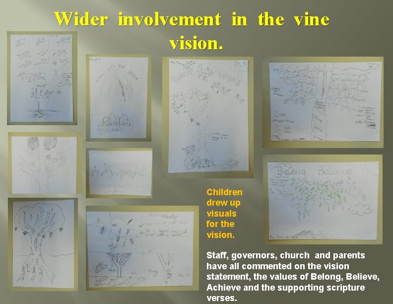 Wider involvement in the vine vision. Children drew up visuals for the vision. Staff,