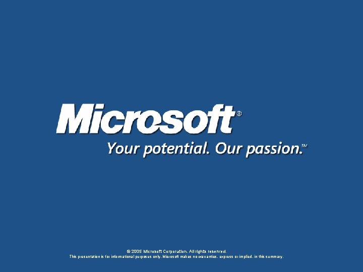 © 2005 Microsoft Corporation. All rights reserved. This presentation is for informational purposes only. © 2005 Microsoft Corporation. All rights reserved. This presentation is for informational purposes only.