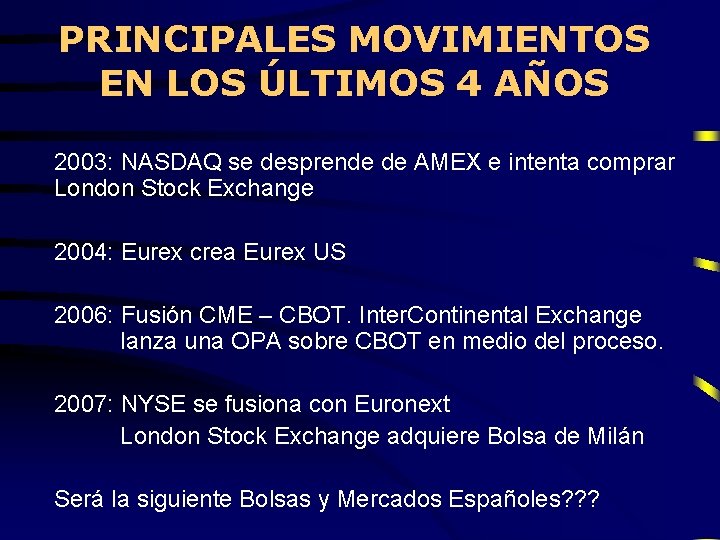 PRINCIPALES MOVIMIENTOS EN LOS ÚLTIMOS 4 AÑOS 2003: NASDAQ se desprende de AMEX e