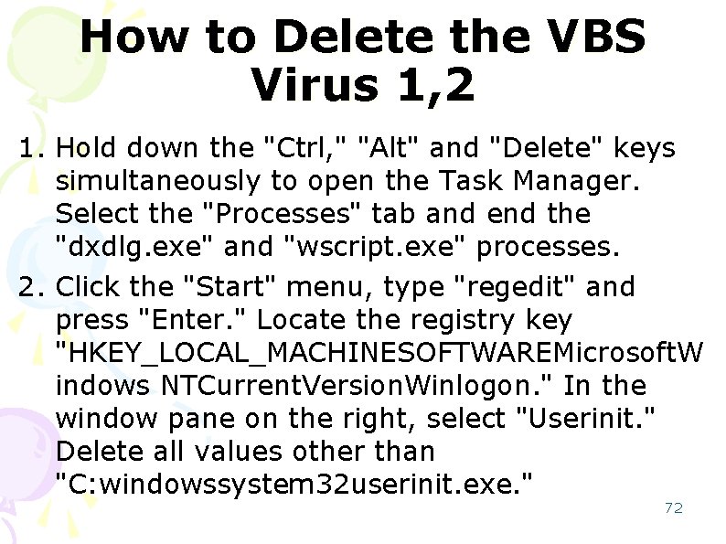 How to Delete the VBS Virus 1, 2 1. Hold down the "Ctrl, "