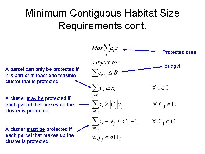 Minimum Contiguous Habitat Size Requirements cont. Protected area A parcel can only be protected Minimum Contiguous Habitat Size Requirements cont. Protected area A parcel can only be protected