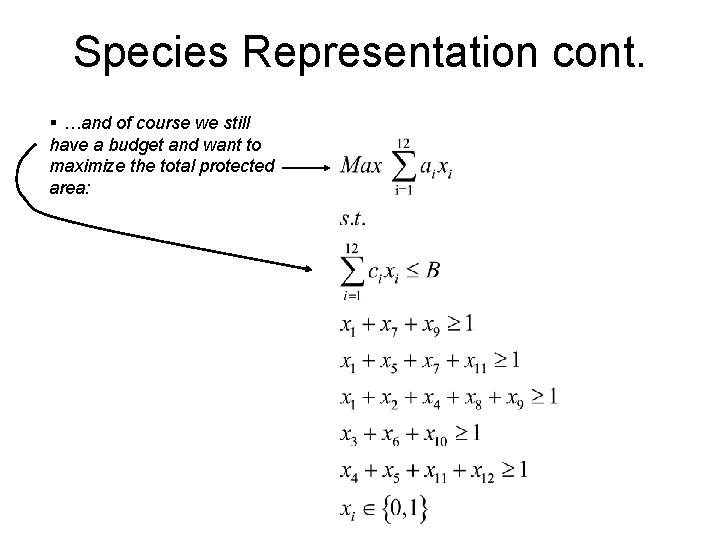 Species Representation cont. § …and of course we still have a budget and want Species Representation cont. § …and of course we still have a budget and want