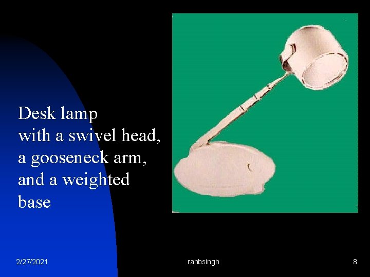 Desk lamp with a swivel head, a gooseneck arm, and a weighted base 2/27/2021