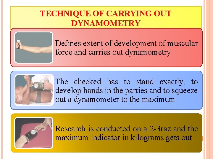 TECHNIQUE OF CARRYING OUT DYNAMOMETRY Defines extent of development of muscular force and carries