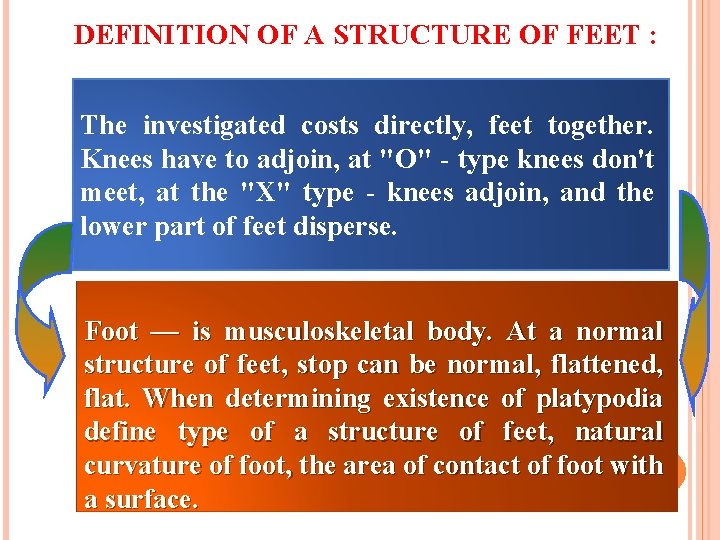 DEFINITION OF A STRUCTURE OF FEET : The investigated costs directly, feet together. Knees