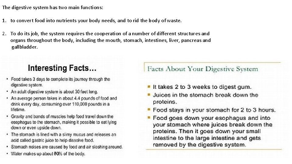 The digestive system has two main functions: 1. to convert food into nutrients your