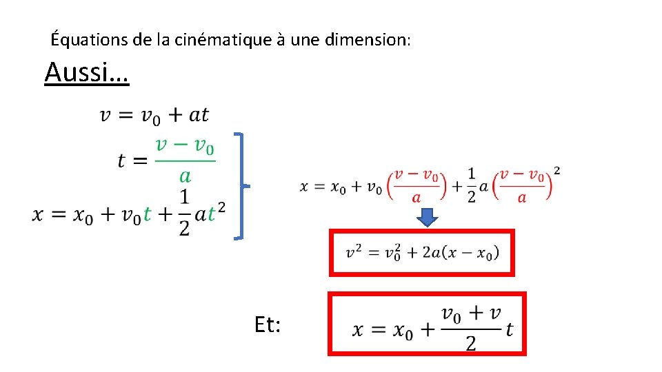 Équations de la cinématique à une dimension: Aussi… Et: 