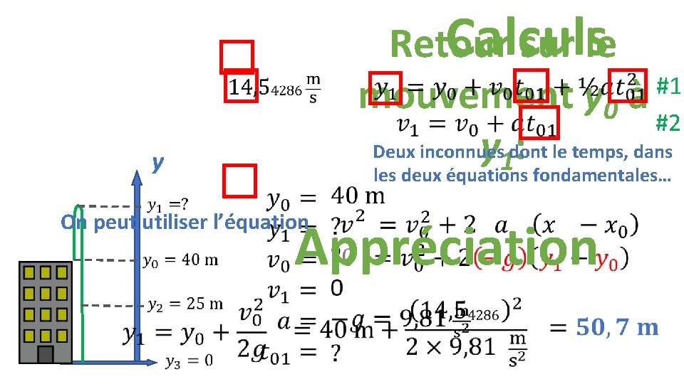  Calculs Retour sur le #1 mouvement y 0 à #2 Deux inconnues y