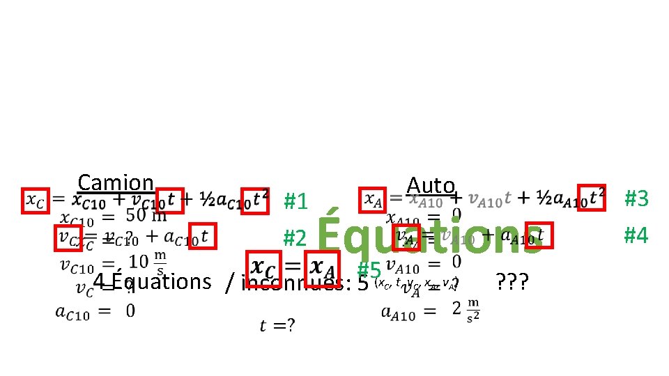 Camion #1 #2 Auto Équations #5 4 Équations / inconnues: 5 (x , t,