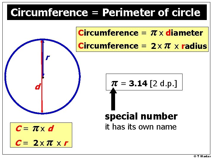 Circumference = Perimeter of of circle Circumference = r π = 3. 14 [2