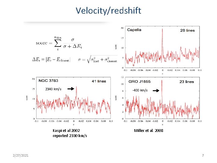 Velocity/redshift 2340 km/s Kaspi et al 2002 reported 2330 km/s 2/27/2021 -400 km/s Miller