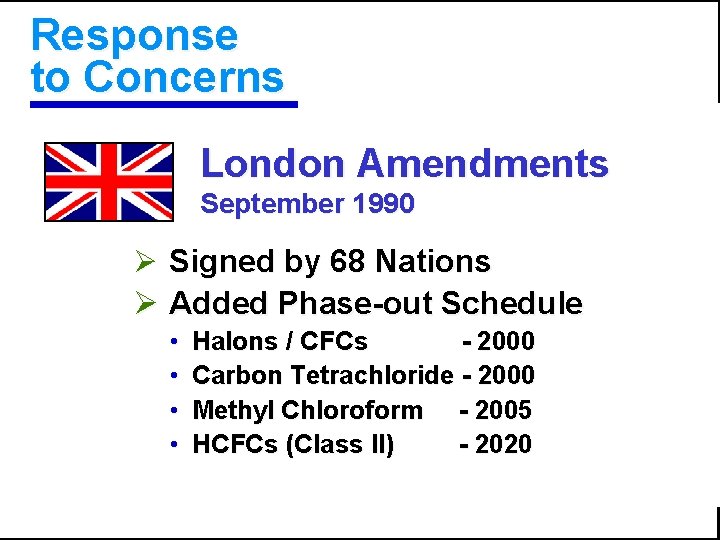 Response to Concerns London Amendments September 1990 Ø Signed by 68 Nations Ø Added