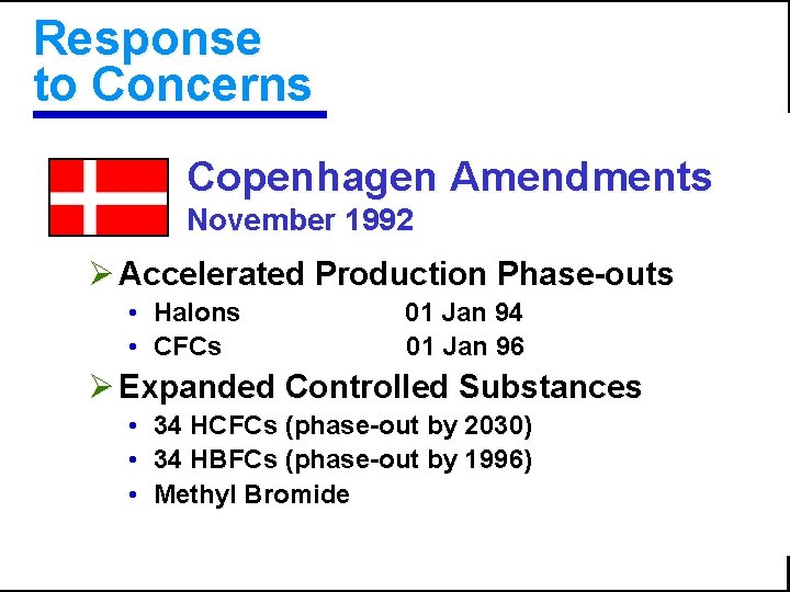 Response to Concerns Copenhagen Amendments November 1992 Ø Accelerated Production Phase-outs • Halons •