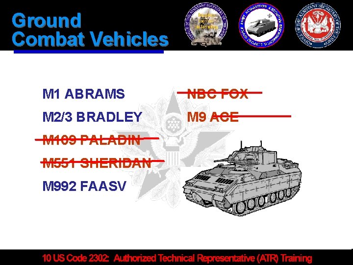 Ground Combat Vehicles M 1 ABRAMS NBC FOX M 2/3 BRADLEY M 9 ACE