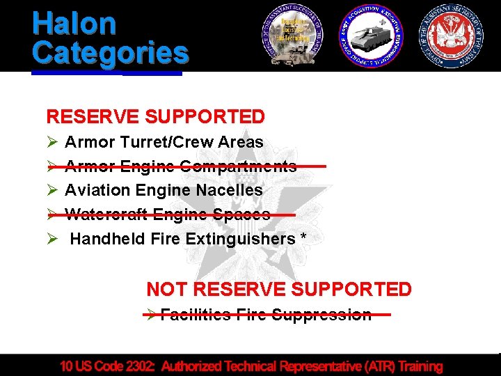 Halon Categories RESERVE SUPPORTED Ø Armor Turret/Crew Areas Ø Armor Engine Compartments Ø Aviation