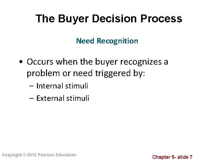 The Buyer Decision Process Need Recognition • Occurs when the buyer recognizes a problem