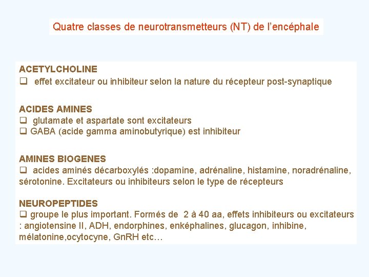 Quatre classes de neurotransmetteurs (NT) de l’encéphale ACETYLCHOLINE q effet excitateur ou inhibiteur selon