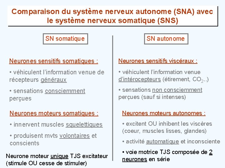 Comparaison du système nerveux autonome (SNA) avec le système nerveux somatique (SNS) SN somatique