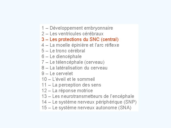 1 – Développement embryonnaire 2 – Les ventricules cérébraux 3 – Les protections du