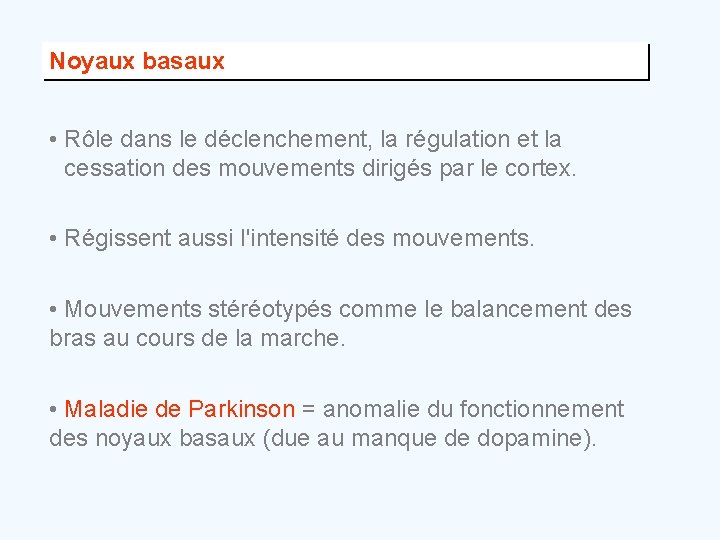 Noyaux basaux • Rôle dans le déclenchement, la régulation et la cessation des mouvements