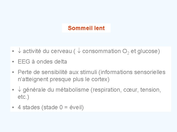 Sommeil lent • activité du cerveau ( consommation O 2 et glucose) • EEG