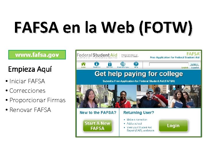 FAFSA en la Web (FOTW) www. fafsa. gov Empieza Aquí • Iniciar FAFSA •