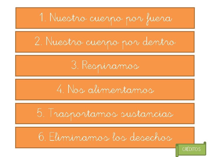 1. Nuestro cuerpo por fuera 2. Nuestro cuerpo por dentro 3. Respiramos 4. Nos