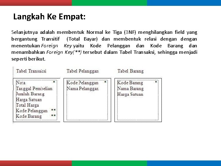 Langkah Ke Empat: Selanjutnya adalah membentuk Normal ke Tiga (3 NF) menghilangkan field yang