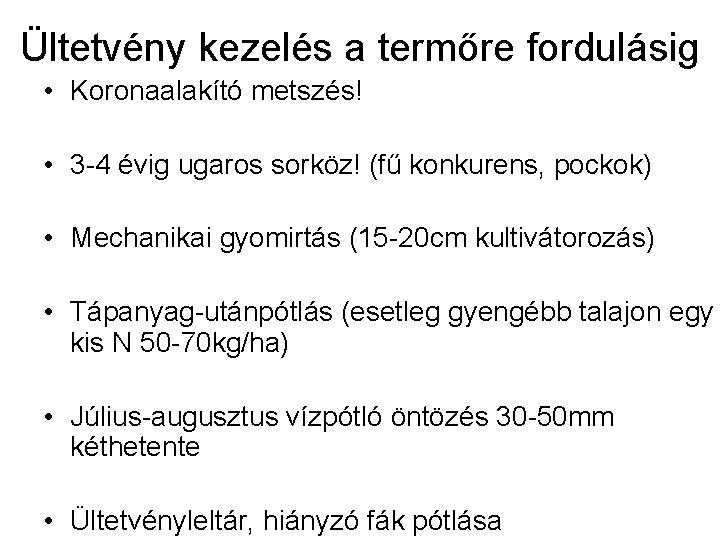 Ültetvény kezelés a termőre fordulásig • Koronaalakító metszés! • 3 -4 évig ugaros sorköz!