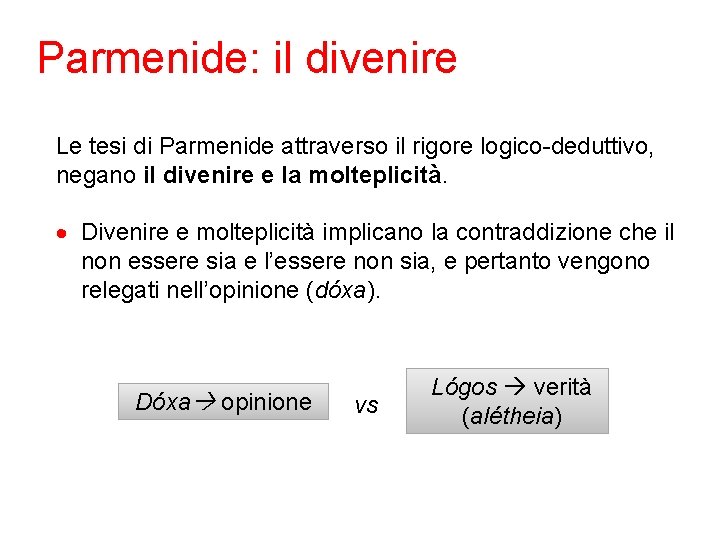 Parmenide: il divenire Le tesi di Parmenide attraverso il rigore logico-deduttivo, negano il divenire