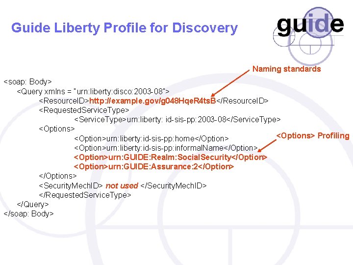 Guide Liberty Profile for Discovery Naming standards <soap: Body> <Query xmlns = “urn: liberty: