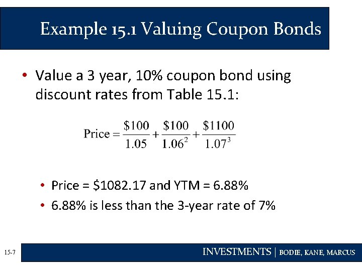 Example 15. 1 Valuing Coupon Bonds • Value a 3 year, 10% coupon bond
