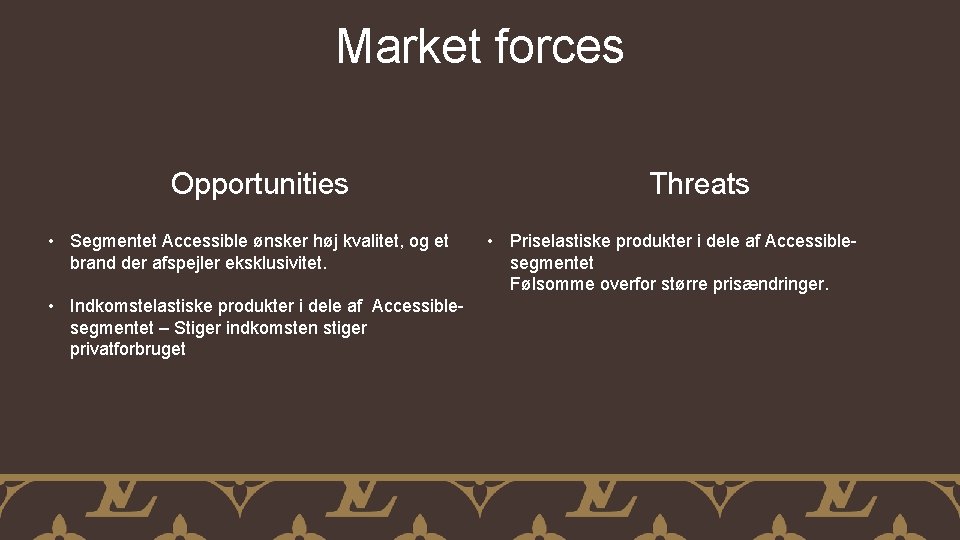 Market forces Opportunities • Segmentet Accessible ønsker høj kvalitet, og et brand der afspejler