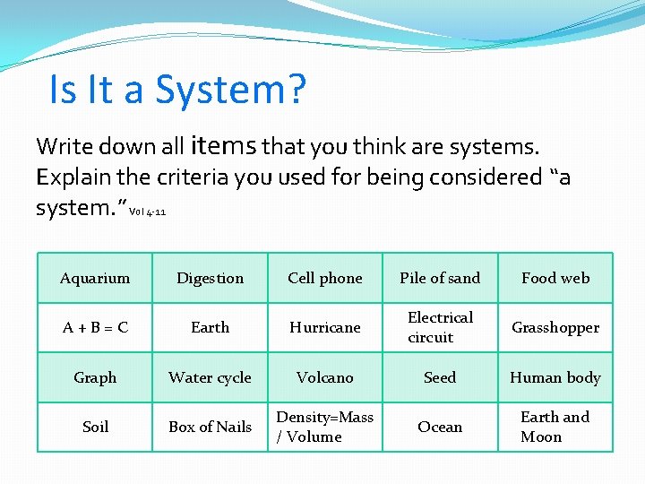 Is It a System? Write down all items that you think are systems. Explain