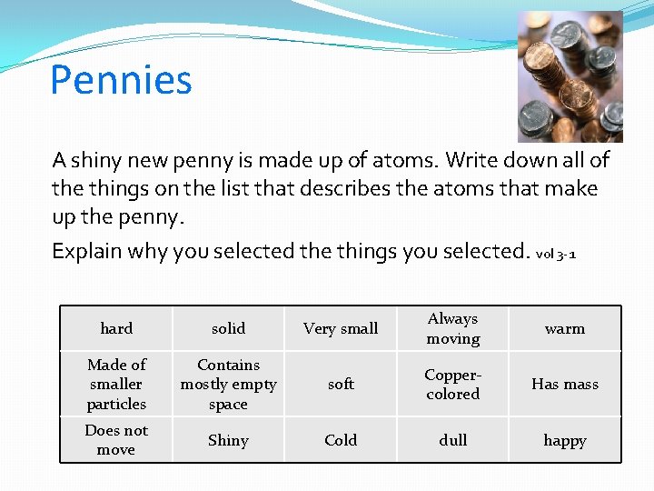 Pennies A shiny new penny is made up of atoms. Write down all of