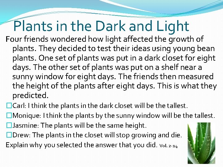 Plants in the Dark and Light Four friends wondered how light affected the growth