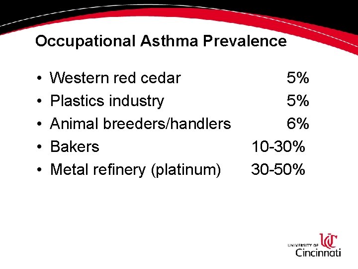 Occupational Asthma Prevalence • • • Western red cedar Plastics industry Animal breeders/handlers Bakers Occupational Asthma Prevalence • • • Western red cedar Plastics industry Animal breeders/handlers Bakers