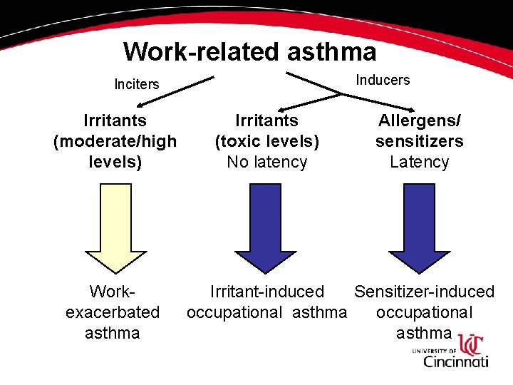 Work-related asthma Inducers Inciters Irritants (moderate/high levels) Workexacerbated asthma Irritants (toxic levels) No latency Work-related asthma Inducers Inciters Irritants (moderate/high levels) Workexacerbated asthma Irritants (toxic levels) No latency
