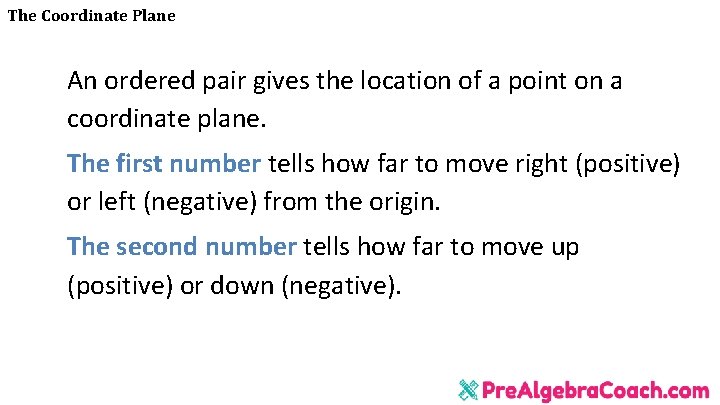 The Coordinate Plane An ordered pair gives the location of a point on a