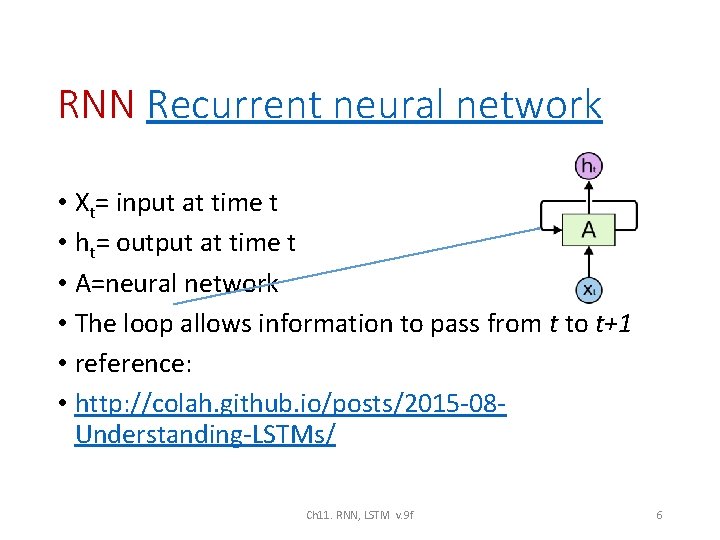 RNN Recurrent neural network • Xt= input at time t • ht= output at