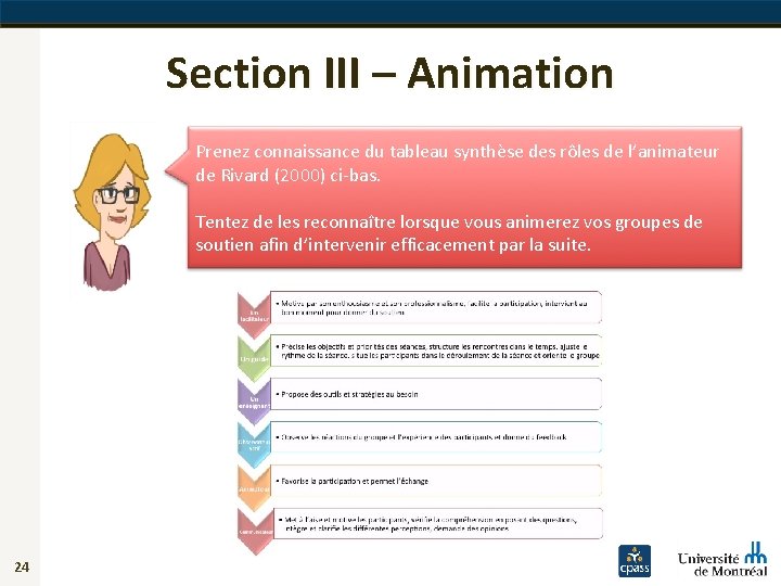 Section III – Animation Prenez connaissance du tableau synthèse des rôles de l’animateur de