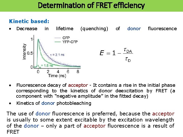 Determination of FRET efficiency Kinetic based: • Decrease in lifetime (quenching) of donor fluorescence