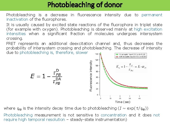 Photobleaching of donor Fluorescence intensity Photobleaching is a decrease in fluorescence intensity due to