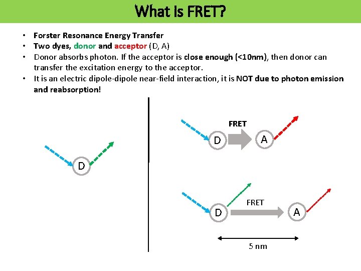 What is FRET? • Forster Resonance Energy Transfer • Two dyes, donor and acceptor