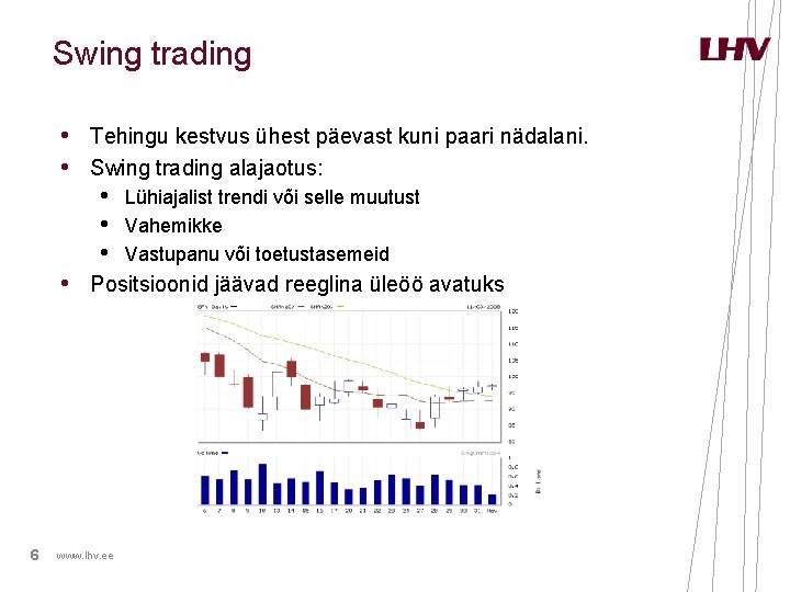 Swing trading • Tehingu kestvus ühest päevast kuni paari nädalani. • Swing trading alajaotus: Swing trading • Tehingu kestvus ühest päevast kuni paari nädalani. • Swing trading alajaotus: