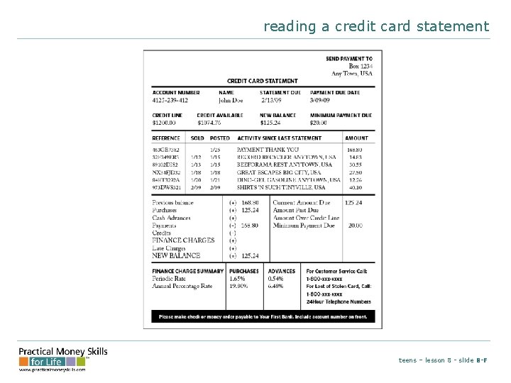 reading a credit card statement teens – lesson 8 - slide 8 -F 