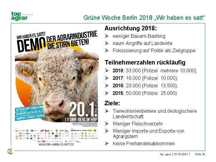 Grüne Woche Berlin 2018 „Wir haben es satt“ Ausrichtung 2018: Ø weniger Bauern-Bashing Ø