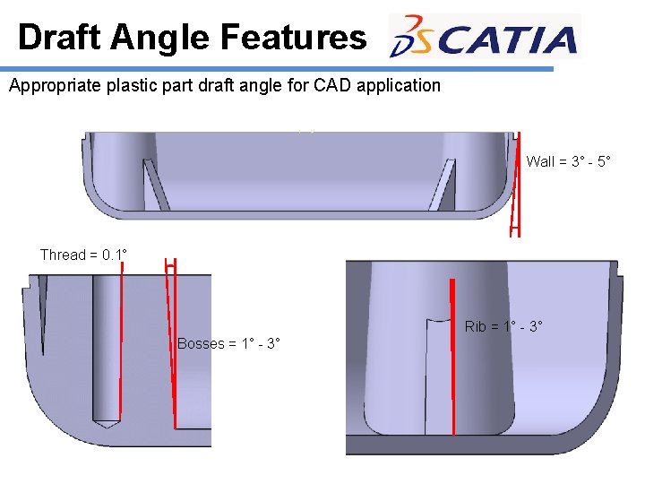 Draft Angle Features Appropriate plastic part draft angle for CAD application Wall = 3°