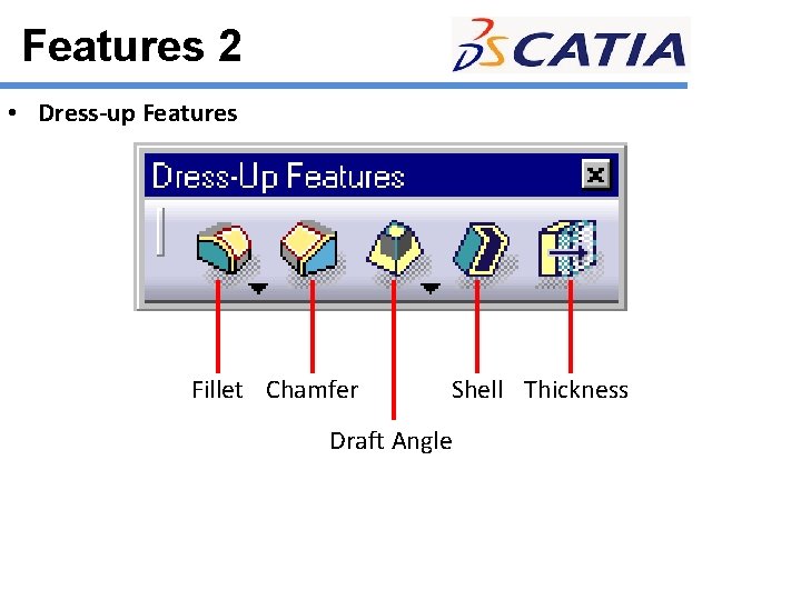 Features 2 • Dress-up Features Fillet Chamfer Shell Thickness Draft Angle 